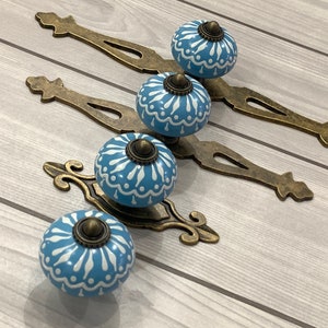 Blue white cabinet door knob ceramic drawer pull porcelain dresser knob antique bronze plate furniture wardrobe handle cupboard pull knob