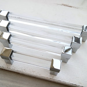3.75 5 6.3 7.5 8.8" Clear lucite wardrobe drawer pull acrylic dresser handle polished silver kitchen cabinet door knob 96 128 160 192 224
