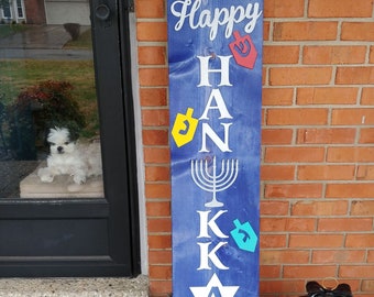 Happy Hanukkah or Chanukah Outdoor front door/porch wooden sign. Large 3D Chanukah, Menorah, Dreidels, Star of David Sign.    Free Shipping