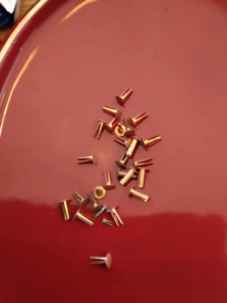 May include: A collection of small, copper-colored rivets with flat, round heads and split posts, scattered on a glossy, red surface. These metal fasteners are likely used for crafting or leatherwork projects.