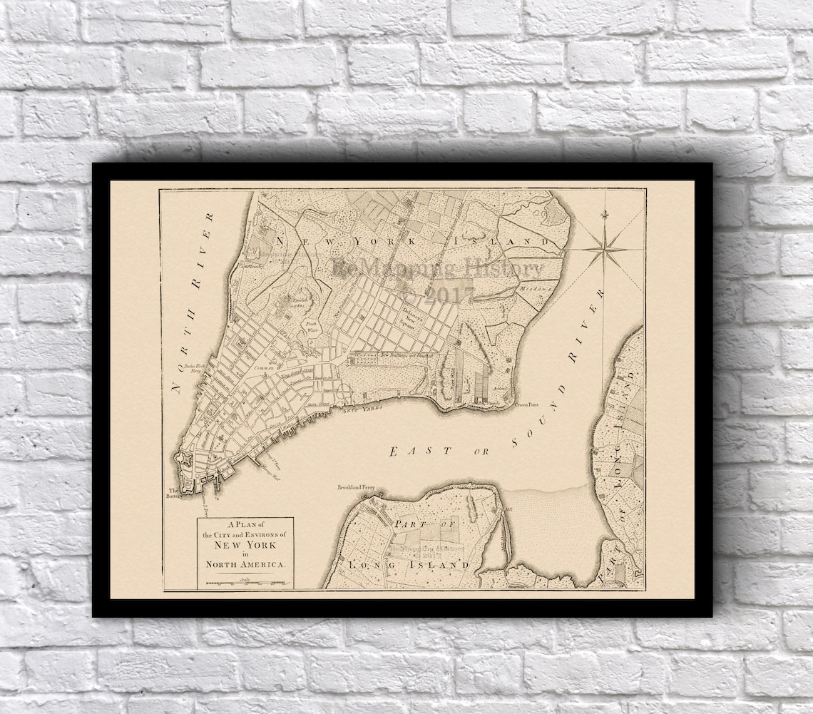 Colonial New York City Antique Map 1776 Lower Manhattan and Brooklyn Etsy
