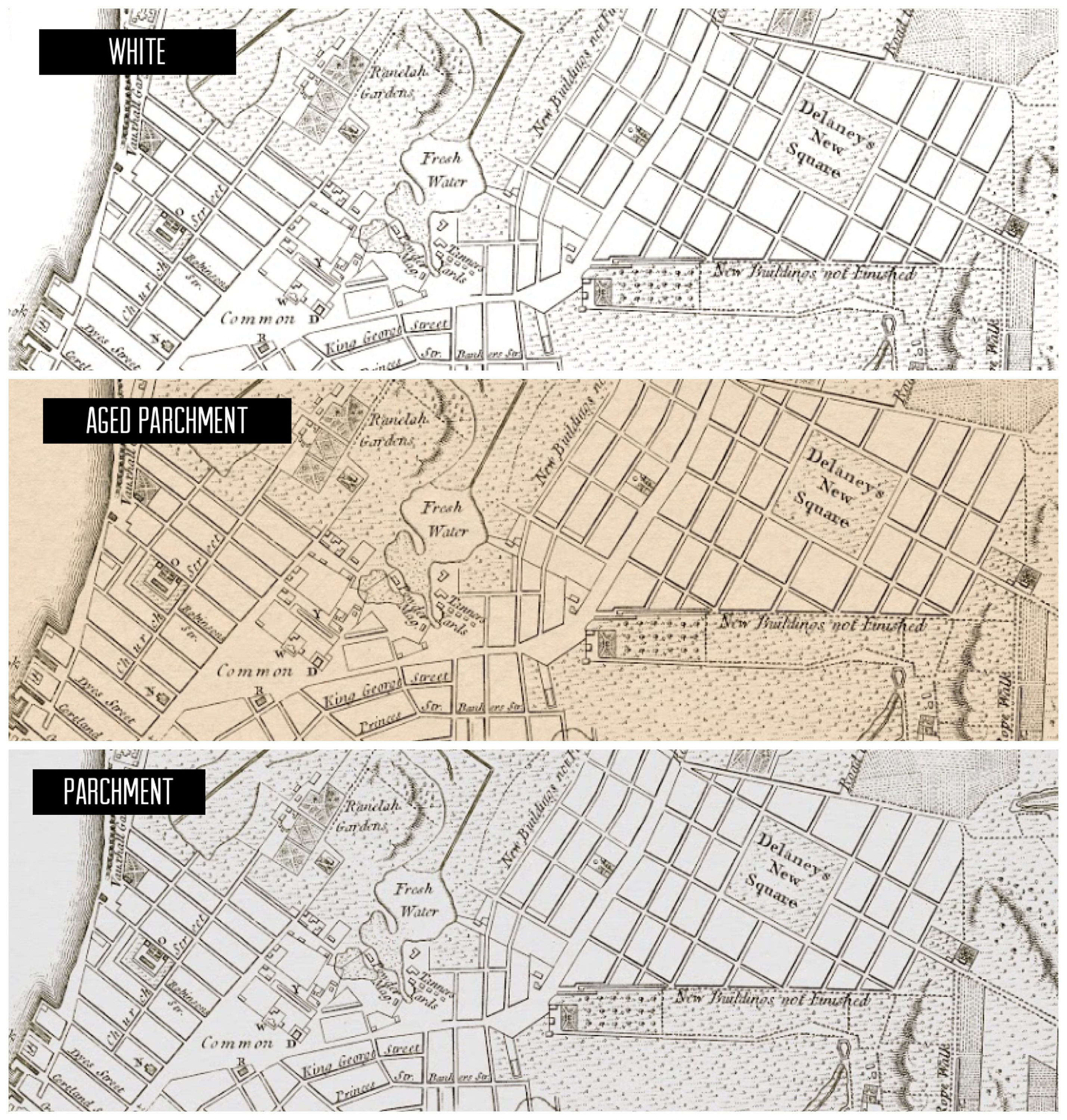An antique map of Lower Manhattan, New York City back in 1776