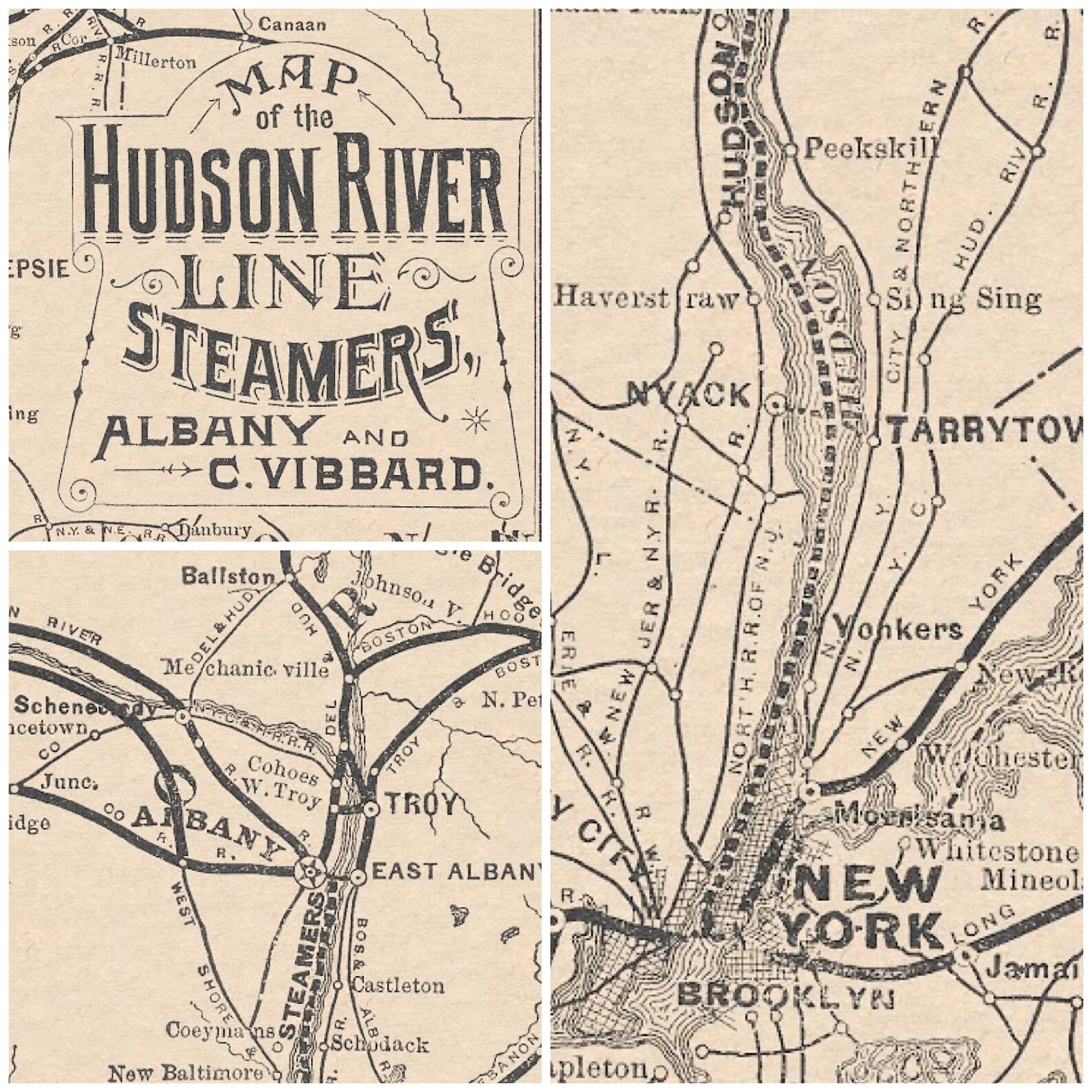 Hudson Valley Vintage Map 1883 of Upstate New York's Steamboat and