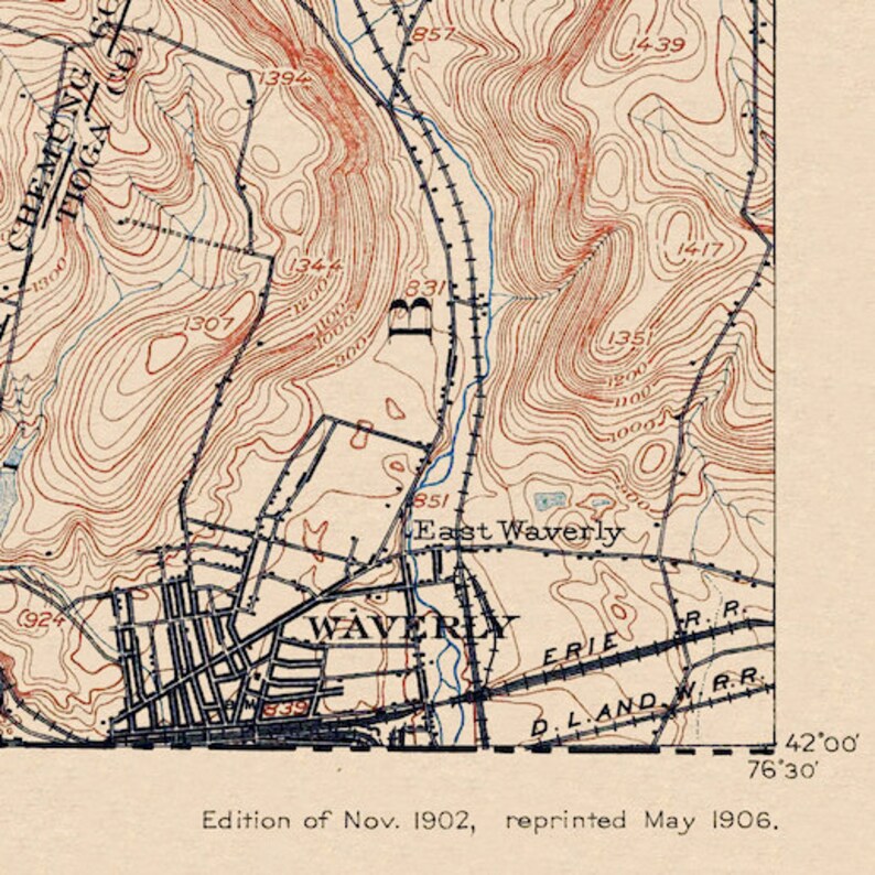 Waverly NY Restored Vintage Map Etsy