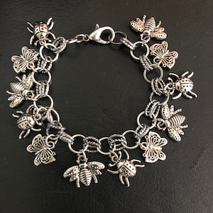 Bug Bracelet Silver Bug Charm Bracelet Ladybug Charms Butterfly Charms Bee Charms Dragonfly Charms Handmade Insect Bracelet