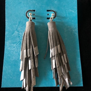 Gray Suede Fringe Earrings Metallic Silver Tipped Tassel Earrings Southwestern Style Fringe Earrings Long Silver Earrings