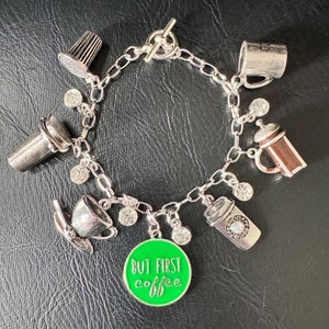 Coffee Lovers Bracelet Coffee Charm Bracelet Barista Bracelet Coffee Gift Coffeehouse Jewelry Silver Toggle Bracelet Faceted Crystal Jewels