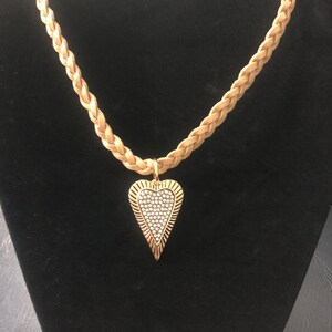 Rhinestone Heart Pendant Necklace Heart Necklace Braided Leather Necklace Leather Choker Love Necklace Antique Gold Pendant Handmade Jewelry