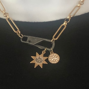Gold Paperclip Rolo Link 16” Necklace with Antique Silver Lobster Front Closure, Be Bright Motivational Charms Two-Tone