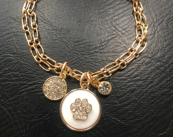 Paw Print Bracelet Cat Lover Gift Dog Lover Gift Pet Lover Bracelet Paw Charm Bracelet Gold Pet Charm Bracelet Rhinestone Handmade bracelet