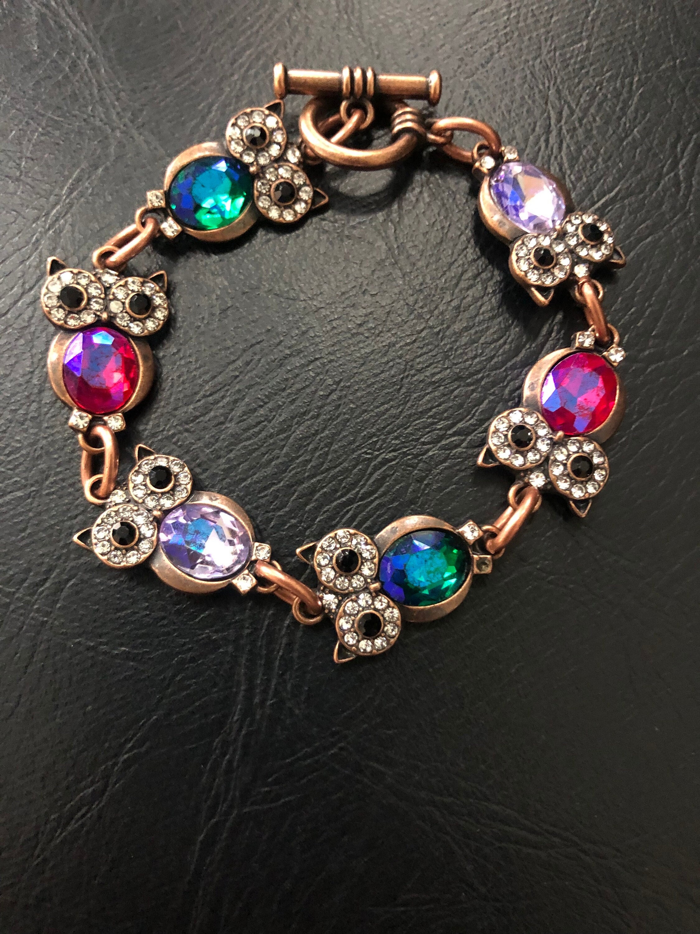 Owl Bracelet Vintage Look Antique Copper Owl Charm Bracelet Jeweled Owl Charms Toggle  Statement Bra