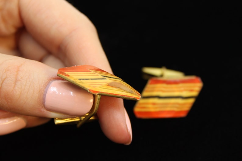 Vintage Red yellow cuff Vintage metal Cufflinks USSR Cufflinks 70s Soviet vintage cufflinks