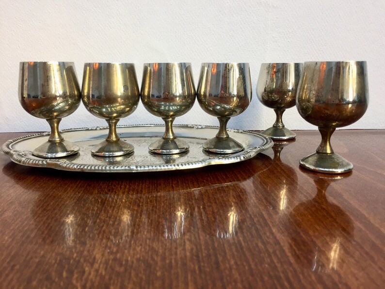 Set of 6 Vintage Metal Wine Glasses Silver Plated Barware Etsy