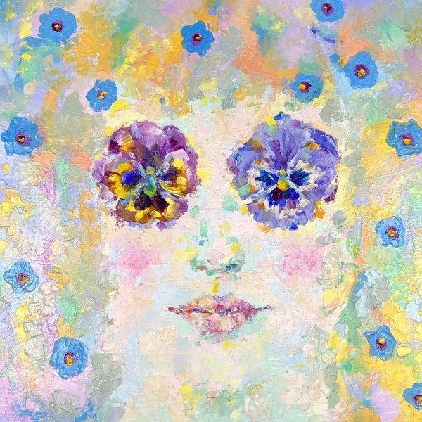 Femme abstraite Portrait Fleurs de pensée Peinture à l’huile originale sur panneau isorel 10x10in Peinture avec des fleurs Résumé Blooming Flower Art Plants