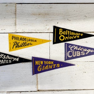 Vintage Sports Pennant, Antique Baseball Flag; Football Banner; Memorabilia; Phillies; Cubs; Giants; Pirates; Orioles; Old School Decor