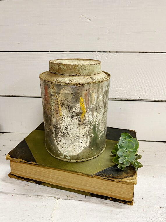 Small Metal Canister With Lid Farmhouse Vintage Tin Rustic Etsy