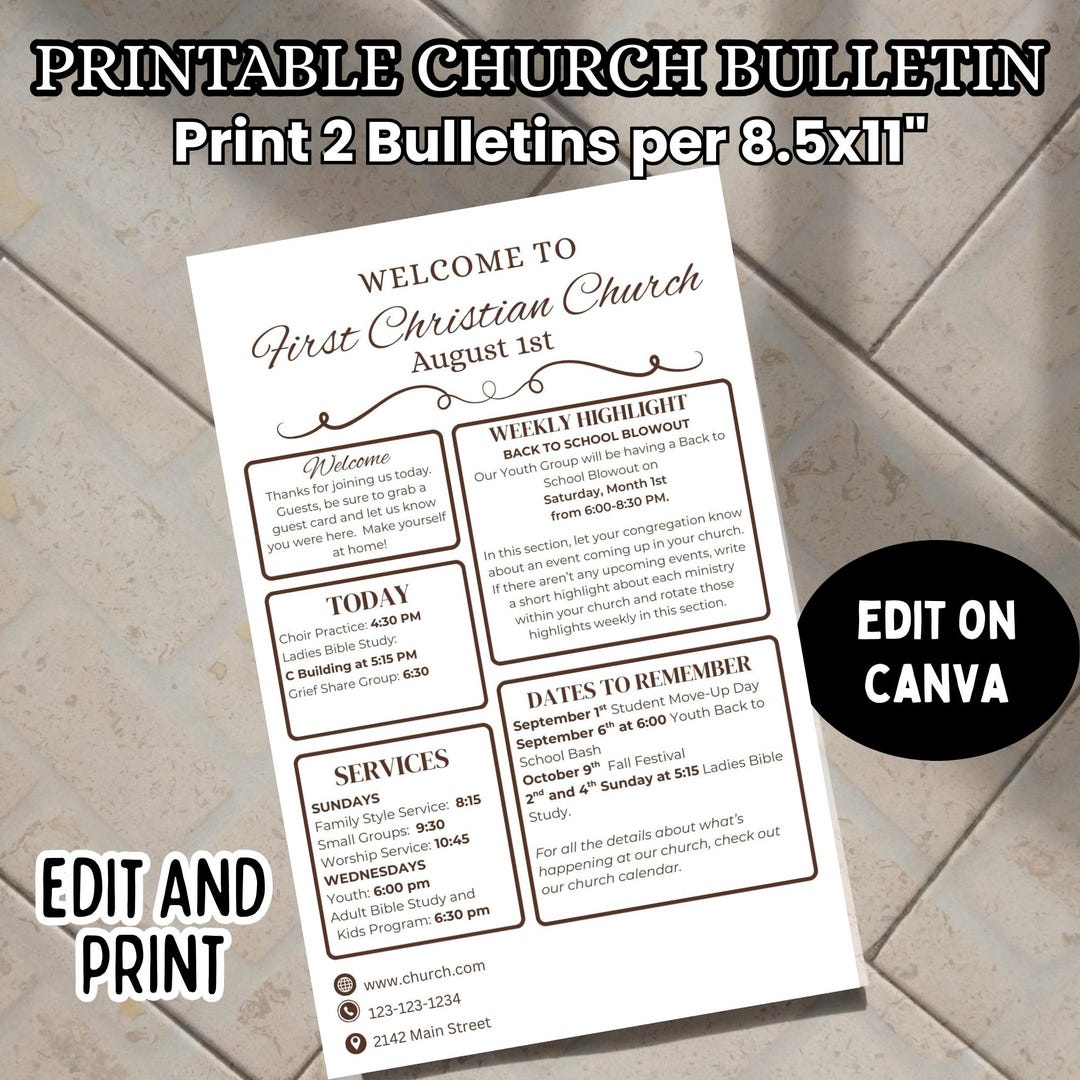Sunday Program Bulletin Editable Church Bulletin Template: Printable Sunday Service Program ...