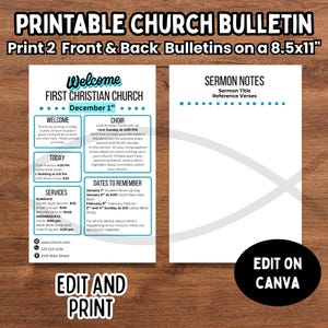 May include: A printable church bulletin design with a teal and white color scheme. The bulletin includes sections for welcome, choir, dates to remember, and sermon notes. The text "Edit and Print" and "Edit on Canva" are also visible.