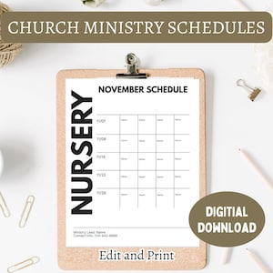 Puede incluir: Un portapapeles con un calendario de noviembre para una guardería de la iglesia. El calendario incluye fechas y espacios para nombres. El texto en la parte superior dice "CHURCH MINISTRY SCHEDULES". El texto adicional incluye "NURSERY", "Edit and Print" y "DIGITAL DOWNLOAD".