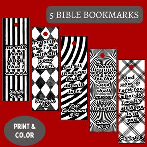 May include: Five black and white Bible bookmarks with inspirational quotes. Each bookmark features a different design, including stripes, diamonds, and geometric patterns. The bookmarks have a red hole punch at the top and include Bible verses.