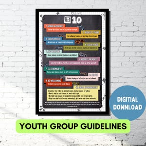 May include: A framed poster with the text "TEEN 10" and guidelines for youth groups. The poster includes rules about authority, respect, speech, and dress code. A digital download graphic is also included.