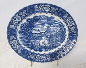 Vintage British Anchor Memory Lane Blue Ironstone 13 quot Oval Platter, Staffordshire England Transferware, Floral English Countryside Scene