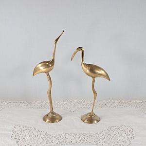Vintage Brass Long Leg Coastal Sea Bird Statues, MCM Crane Heron or Egret Sculptures