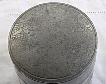 Antique Kut Hing Swatow Pewter Tea Caddy Engraved Dragon and