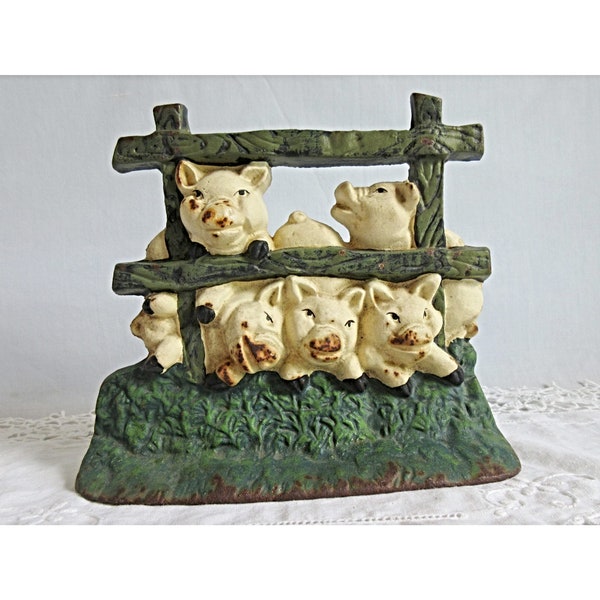 Vintage Cast Iron Pigs in a Pen Doorstop