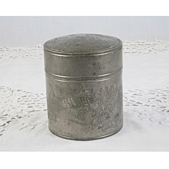 Antique Kut Hing Swatow Pewter Tea Caddy Engraved Dragon and Birds