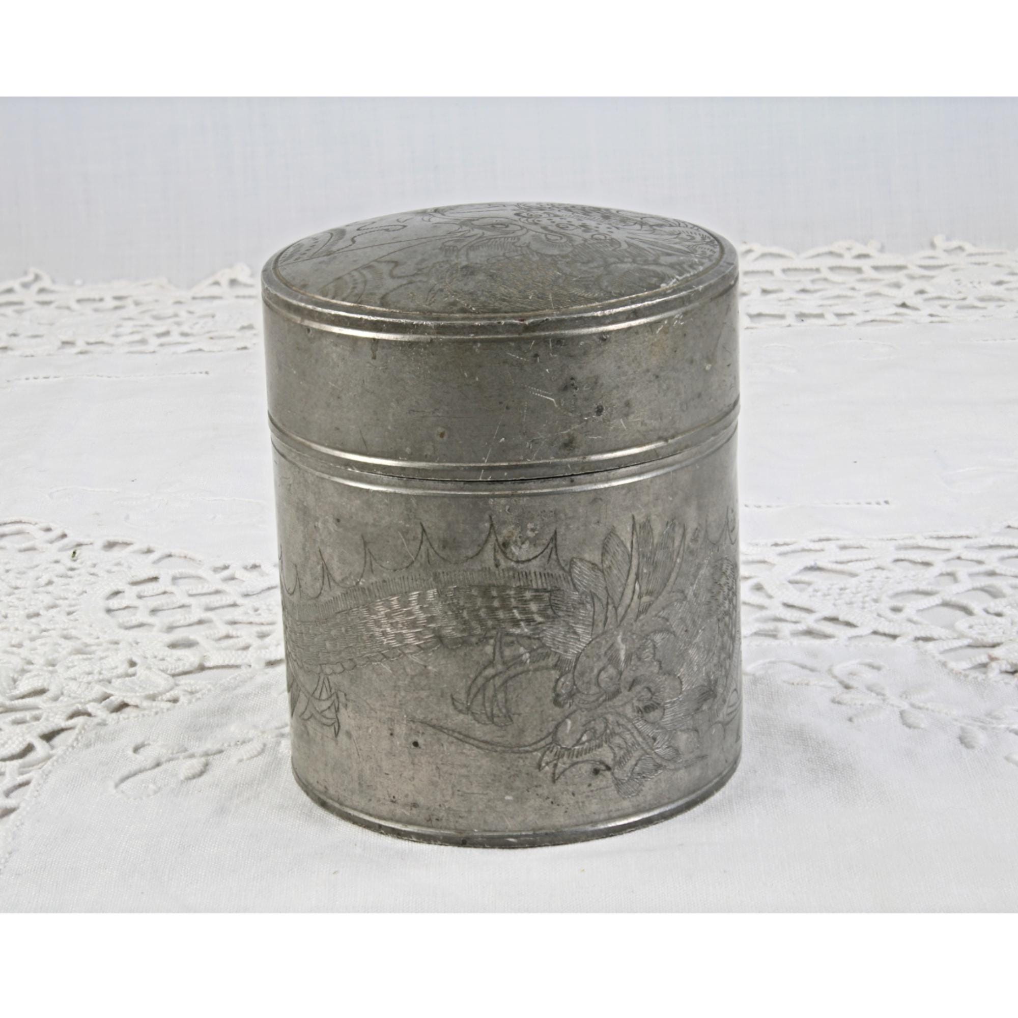 Antique Kut Hing Swatow Pewter Tea Caddy Engraved Dragon and Birds