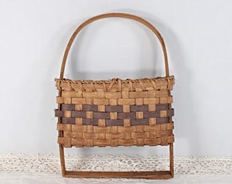 Vintage Hand Woven Wall Hanging Basket with Bentwood Handle