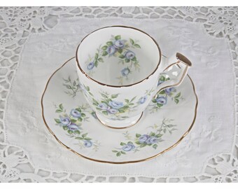 Vintage Aynsley Marine Rose Demitasse Cup and Saucer, Blue Roses Tea Cup