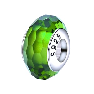 Green Murano crystal charm, 925 Sterling Silver with Murano Glass Charm for Bracelet, Birthstone Crystal Beads for Chain Bangle Necklace