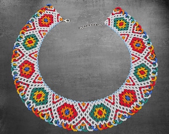 Floral bib necklace, Flower Beads Necklace, Glass bead necklace, Bukovyna Beaded necklace, Rainbow bead jewelry, Seed bead necklace,