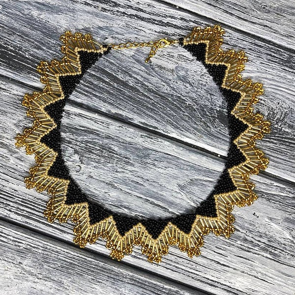 Gold Beaded necklace, Ukrainian handmade jewelry, virgin mary, swarga necklace, pride necklace, artisan jewelry, gypsy seed beads