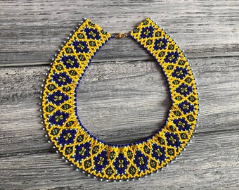 Blue-Yellow Handmade Beaded necklace, Ethno beaded Ukrainian Sylianka necklace, Ukraine namysto, Ukrainian ornament, Geometric necklace,