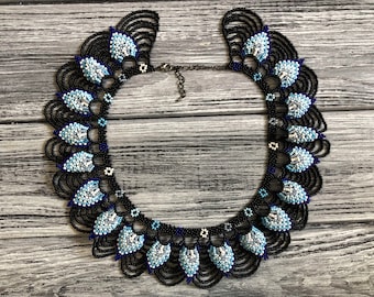 Handmade Beaded Indiano necklace, Saraguro Beaded Blue necklace, Necklace made of beads in the Saraguro technique, Saraguro Beaded Collar