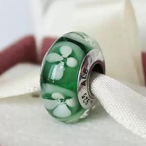 Green Flowers Charm Pendant, Retired Green Murano Glass Flowers Bead, 925 Sterling Silver Murano Charms for Bracelet, Best Mother&#39;s Day gift