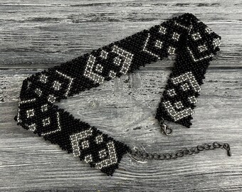 Beaded Ukrainian choker necklace, Beadwork loom choker, Tiny simple choker, Ethnic style choker, Handmade choker, Native style choker