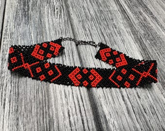 Black-red silyanka beads, Beaded Ukrainian choker necklace, Beadwork loom choker, Tiny simple choker, Ethnic style choker, Handmade choker
