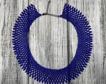 Matte Blue seed bead necklace, folk beads necklace, Beaded necklace, namysto necklace, Ukrainian jewelry, ukrainian jewelry, huichol neckles