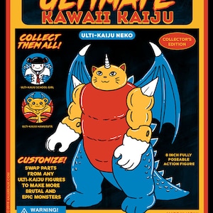 May include: A vintage-style toy packaging illustration for a collectible action figure called "Ultimate Kawaii Kaiju". The figure is a blue and red cat-like monster with a yellow head and a unicorn horn. The packaging features the text "Collect Them All!" and "Customize!" with instructions to swap parts from other figures. The figure is 8 inches tall and fully poseable.