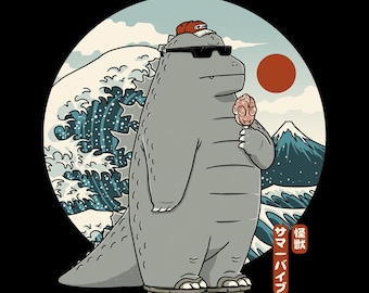 Kaiju Summer Vibes -  Japan Monster Summer | Japanese Tokusatsu  | Great Wave Kaiju | Hokusai Wave | Ukiyo-e Cute Monster Unisex T-shirt