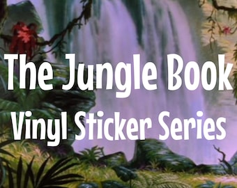 May include: A jungle scene with a waterfall and lush greenery. The text "The Jungle Book Vinyl Sticker Series" is superimposed on the image.