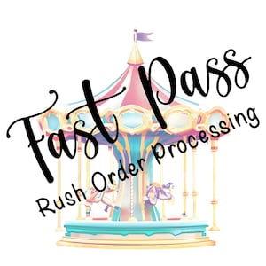 May include: A colourful carousel with the text "Fast Pass" and "Rush Order Processing" in black lettering. The carousel is a whimsical illustration that represents fast order processing.