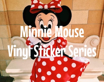 May include: Minnie Mouse Vinyl Sticker Series. A red and white polka dot dress with a black bow on her head.