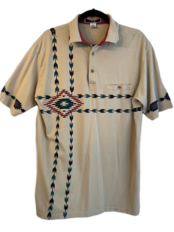 90s Men’s L Vintage Aztec Southwestern Polo Beige - image 4