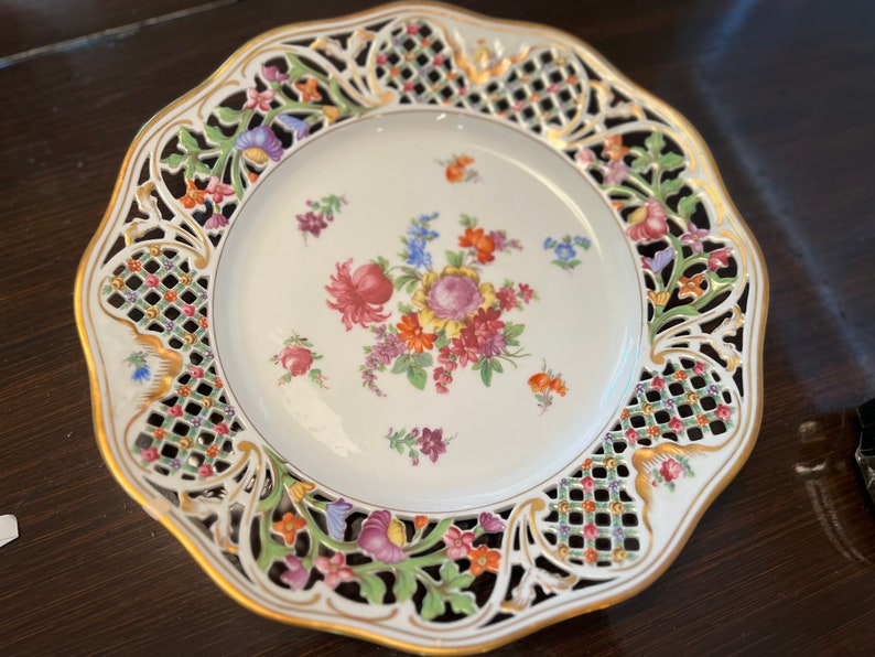 Antique Schumann Bavaria Dresden Flowers Reticulated 8 1/2