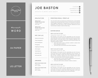 Resume Template | Modern & Professional Resume Template for Word | CV Resume + Cover Letter | 5 Page Pack | Instant Download Resume | "JOE"